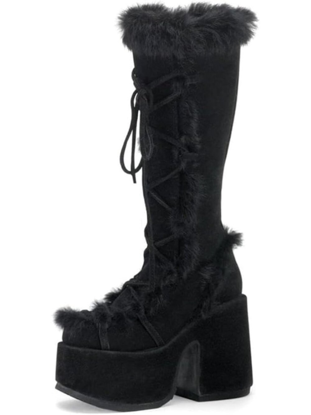 Gothic Platform Knee High Boots with Faux Fur, Block Heel Winter Footwear